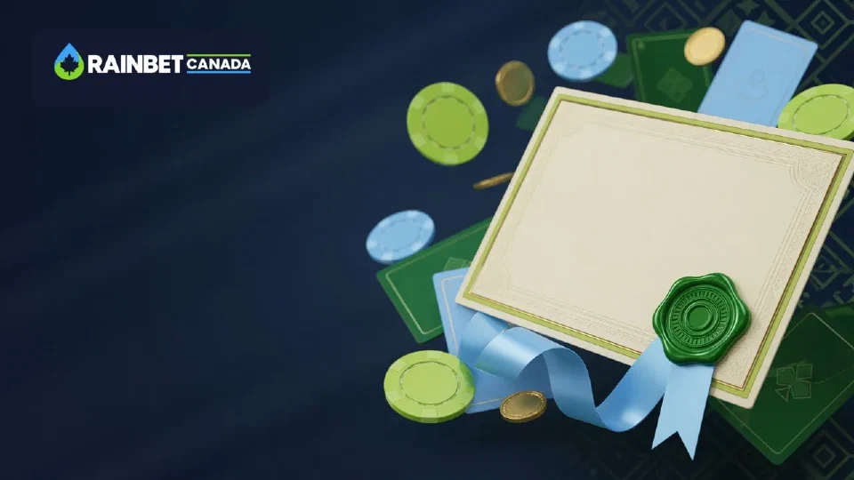 Framed licence certificate with a gold seal beside a stack of casino chips
